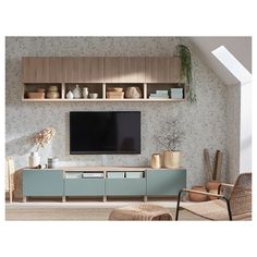 a living room with an entertainment center and wall mounted television