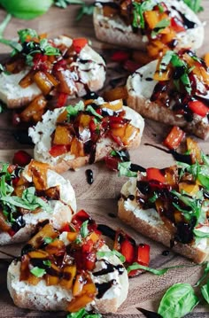 several pieces of bread with various toppings on them