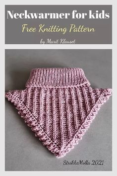 a pink knitted scarf sitting on top of a gray surface with the words, neckwarmer for kids free knitting pattern