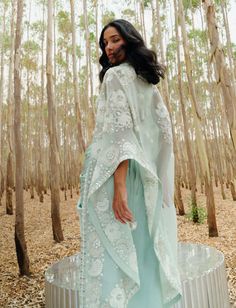 Adorn yourself in style with a mint long floral cape paired elegantly with a crop top and drape skirt. This ensemble captures a perfect blend of modern sophistication and floral charm, creating a refined and stylish look for various occasions.