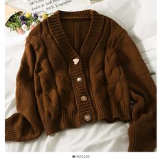 Pearl Diary Women Autumn Winter Sweater Cardigans Novelty Metal Buttons Casual French Style Braid Pattern Warm Cardigans AMAIO Brown Winter Sweater Coat With Buttons, Brown Buttoned Sweater Coat For Winter, Brown V-neck Winter Outerwear, Trendy Brown V-neck Outerwear, Brown Knit Long Sleeve Sweater Coat, Brown Buttoned Sweater For Winter, Brown Knitted Winter Cardigan, Casual Brown V-neck Sweater Coat, Brown Long Sleeve Winter Cardigan