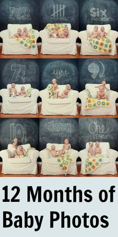 several images of babys on couches with chalk written on the wall behind them