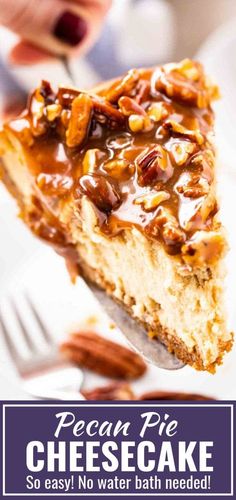 Pecan Pie Cheesecake has a crunchy pecan crust, a velvety brown sugar cheesecake layer and is topped with gooey caramel and toasted pecans. This Pecan Cheesecake is the perfect Holiday dessert and so easy to make without a water bath! #CheeseCake #PecanDessert #PecanPieCheesecake #HomemadeCaramelSauce #HolidayDessert