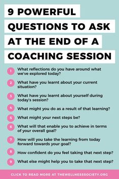 a poster with the words 9 powerful questions to ask at the end of a coaching session