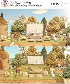 two pictures of an outdoor setting with animals and trees in the background, one has a large white board on it's wall