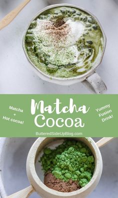 matcha cocoa in a cup with green powder on top and the words matcha cocoa above it