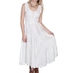 White Lace Front Sleeveless Dress with gorgeous details. Full length lace-up front sleeveless dress. Scrolling fabric throughout. Tier panels in skirt area. 100% rayon. Hand wash cold and hang dry. Perfect for the rodeo, trip to Nashville or a country music concert festival. Color: White Country Music Concerts, Western Dresses, Lace Front, Country Girls, Skirt Fashion, White Lace, Western Fashion, Full Length, Dress Skirt