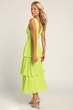 Lulus Exclusive! Any event will feel like a celebration when you're in the Lulus Celebration Time Lime Green Sleeveless Tiered Midi Dress! Woven chiffon shapes this chic dress that has wide straps, a V-neckline (and back), and a fitted bodice. A gathered waist tops an A-line midi skirt that's accented with flouncy tiers. Hidden side zipper/clasp. Fit: This garment fits true to size. Length: Ankle length. Size small measures 49.5" from shoulder to hem. Bust: Great for any cup size. Waist: Fitted Sleeveless Ruffled Chiffon Dress For Wedding Guest, Sleeveless Chiffon Dress With Ruffles For Wedding Guest, Sleeveless Chiffon Dress For Bridesmaids In Summer, Chiffon Sleeveless Dress For Summer Bridesmaid, Summer V-neck Chiffon Dress For Wedding Guest, Chic Sleeveless Chiffon Wedding Dress, Summer Chiffon Sleeveless Dress For Cocktail, Flowy Sleeveless Midi Dress For Wedding Guest, Summer Sleeveless Chiffon Cocktail Dress