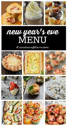 the new year's eve menu with pictures of different desserts and pastries