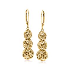 Ross-Simons - 14kt Yellow Gold Graduated Rosette-Knot Drop Earrings. Graduating from small to larger, these handcrafted rosette-knot drop earrings sway elegantly above the shoulders. Wear this graceful pair day or night. Set in 14kt yellow gold. Hanging length is 1 7/8". Leverback, rosette drop earrings. Night Set, Yellow Gold Jewelry, Knot Earrings, Fine Jewellery Earrings, 14kt Gold, Free Jewelry, Gold Jewelry, Knot, Jewelry Collection