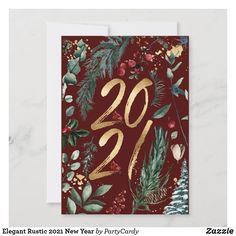 a red and gold christmas card with the number twenty on it, surrounded by evergreen leaves