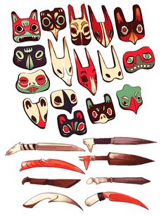 several different types of masks and knives on a white background