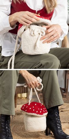 a woman sitting on a chair holding a white bag with red and white polka dots