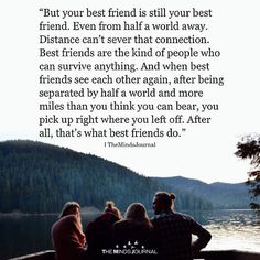 three people sitting on a bench looking out at the water with a quote about friends