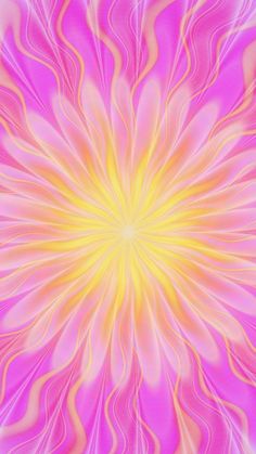 a pink and yellow flower is shown in the middle of this image, with an orange center