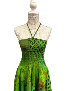 Brand New with tags by Festival StallOne size UK 8 10 12 14Green Patchwork pixie hem halter neck dressGet summer ready with this great little dress, beautifully made with in patchwork, with a fully smocked bodice and halter neck, flattering pixie hem. Length from top of bodice to longest point on hem is 42in (107cm)100% cottonCool handwash Patchwork Dress Boho, Festival Outfit Summer, Hanky Hem, Fairy Fashion, Patchwork Dress, Halterneck Dress, Kimono Dress, Fantasy Fashion, Summer Ready