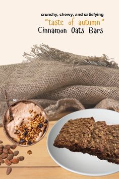 an advertisement for cinnamon oats bars on a wooden table with nuts and other ingredients