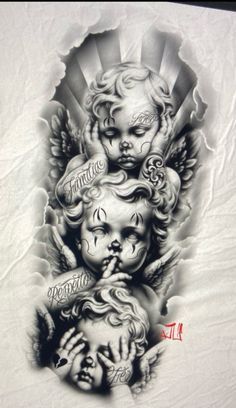 an image of tattoos on the back of a man's arm and chest, with angels