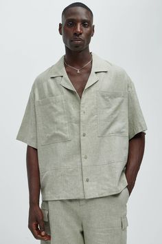 Available In Green, Ice Blue, White, Stone, Oatmeal, Blue and Black Fold Down Collar Front Button Closure Chest Pockets Short Sleeve 55% Linen, 45% Cotton Pair With "Bahamas Linen Cargo Short" Pair With "Bahamas Linen Shorts" Pair With "Bahamas Linen Pants" Imported | Mens Bahamas Linen Cuban Boxy Shirt in Green size 2XL by Fashion Nova Shorts And Button Up Shirt Men, Mens Cuban Shirt, Luca Outfits, Linen Men Outfit, Aj Aesthetic, Men Linen Pants, Mens Vacation Outfits, Sewing Outfits, Linen Pants Men