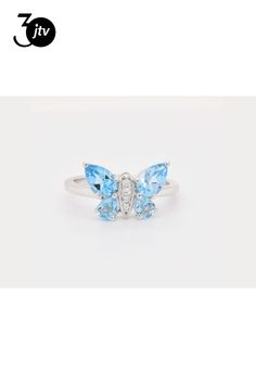 1.44ctw pear shape Swiss blue topaz and cubic zirconia rhodium over sterling silver butterfly ring. Silver Butterfly Ring, Butterfly Ring, Silver Butterfly, Swiss Blue Topaz, Pear Shape, Pear Shaped, Blue Topaz, Sterling Silver Ring, Silver Ring