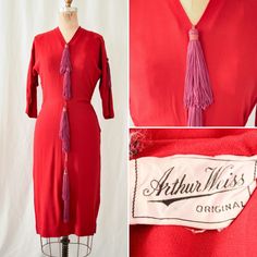 1950s Dress | Arthur Weiss | Vintage Early 50s Dress Red Rayon Wiggle Dress with Purple Tassels 36" Bust Purple Soft, Classic Lingerie, 50s Dresses, 1950s Dress, Wiggle Dress, Silk Slip, 1950s Fashion, Vintage Designer, Elbow Length Sleeve