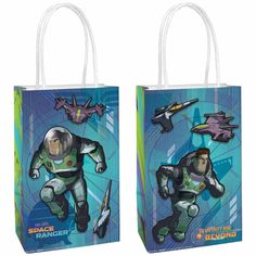 two shopping bags with an image of a man in space suit on the front and back