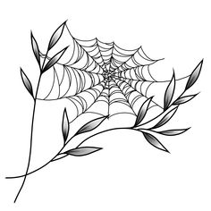 a black and white drawing of a spider's web on a leafy branch