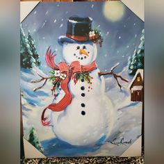 a painting of a snowman wearing a top hat and scarf