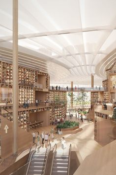 an artist's rendering of the interior of a library with people walking around and on escalators