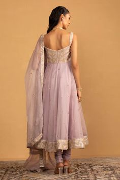 Lilac anarkali with sequins and gota work embroidery. Paired with coordinating churidaar and dupatta. - Aza Fashions Sleeveless Anarkali Kurta With Gota Work, Semi-stitched Sleeveless Anarkali Set With Cutdana, Anarkali Sleeveless Salwar Kameez With Dori Work, Sleeveless Anarkali Salwar Kameez With Mirror Work, Sleeveless Anarkali Salwar Kameez With Dori Work, Sleeveless Anarkali Set With Cutdana, Sleeveless Anarkali Set With Mirror Work For Festivals, Sleeveless Anarkali Set With Sheer Dupatta For Eid, Sleeveless Anarkali With Mirror Work