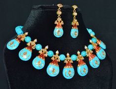 Rare handmade ethnic moghul navajo 22k 18k solid gold diamond turquoise pearl collar bib lariat neck