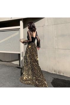 Shop Black With Gold Sparkly Formal Party Dress With Illusion Neck Sleeves online. SheProm offers formal, party, casual & more style dresses to fit your special occasions. Black And Gold Dress Formal, Long Dresses Long Sleeve, Sparkly Formal Dress, Trendy Dress Styles, Sparkly Dresses, Prom Dress Inspo, Black Sparkly Dress, Long Sequin Dress, Dresses Sequin