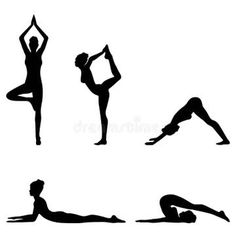 silhouettes of people doing yoga poses in different positions royalty illustration on white background stock illustration