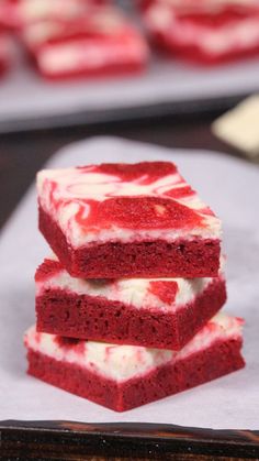 red velvet desserts stacked on top of each other