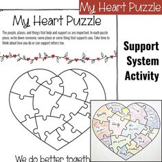 a heart puzzle with the words, support system activity and an image of a missing piece