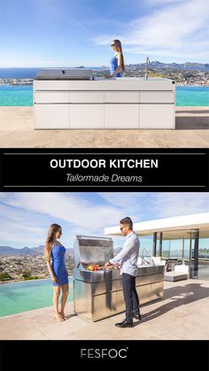 two pictures with the words outdoor kitchen on them