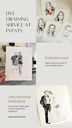 an advertisement for a fashion show with pictures and text that reads, live drawing service at events