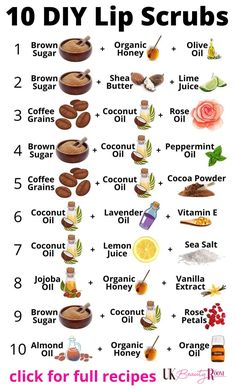 This post contains 10 fantastic recipes to make a DIY lip scrub!

During the winter months lips tend to get dry and chapped. They can then start to flake or peel, leaving your skin sore and your lipstick patchy!

Using a lip scrub regularly helps to gently remove any dead skin and make your lip balm work more effectively!

These 10 recipes all contain nourishing natural ingredients and no harsh chemicals! Lip Scrub For Chapped Lips, Diy Lip Scrub Easy Without Coconut Oil, Winter Lip Scrub Diy, Lip Scrub Ingredients, Diy Sugar Lip Scrub Recipes, Diy Body Products Recipes, Natural Lip Scrub Recipes, Diy Lip Scrub For Dry Chapped Lips, Lip Scrub Recipe Homemade