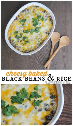 cheesy baked black beans and rice in a casserole dish