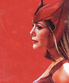 a painting of a woman wearing a red helmet with horns on it's head