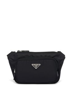 black enamel triangle logo silver-tone hardware adjustable shoulder strap top zip fastening main compartment internal logo patch front zip-fastening pocket Prada Logo, Triangle Logo, Strap Top, Strap Tops, Black Enamel, Belt Bag, Patch Logo, Calf Leather, Prada