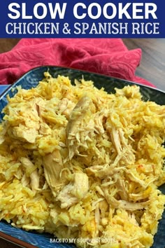 slow cooker chicken and spanish rice on a blue plate