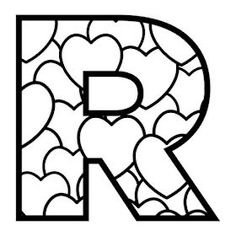 the letter r is made up of hearts and has been drawn in black and white