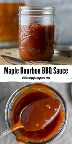 maple bourbon bbq sauce in a glass jar and spoon with the recipe below it