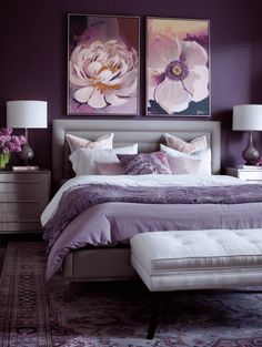 Plum Bedroom Decor: Deep Purple Wall and Floral Accents Plum And Silver Bedroom, Purple Paint Bedroom, Purple Wall Painting Ideas Bedroom, Purple Room Ideas Bedrooms, Deep Purple Bedroom, Purple Bedroom Aesthetic, Bedroom Ideas Purple