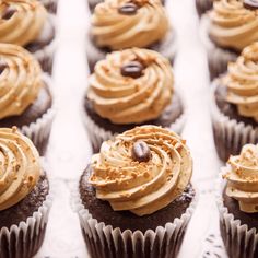 cupcakes with frosting and chocolate chips on top are lined up in rows