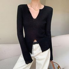 image_1 Elegant Black Fine Knit V-neck Sweater, Black Long Sleeve Fine Knit Sweater, Black Fitted V-neck Sweater, Black Long Sleeve V-neck Sweater For Layering, Black Knitted Tops For Fall, Trendy Black V-neck Sweater For Fall, Black Long Sleeve V-neck Sweater Trendy, Casual Black Long Sleeve Knit Top, Black Long Sleeve Casual Knit Top