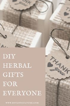 gift boxes wrapped in twine and tied with twine, labeled diy herb gifts for everyone