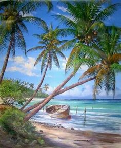 a painting of palm trees and boats on the beach