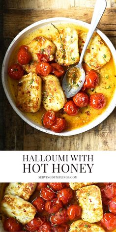 two pictures with different types of food in them and the words hallouumii with hot honey